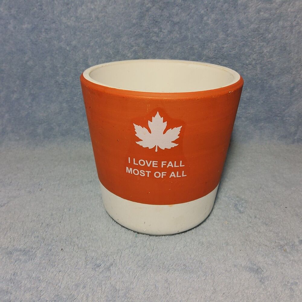 Ceramic Fall Planter I Love Fall Most Of All Terracotta Orange White Maple Leaf